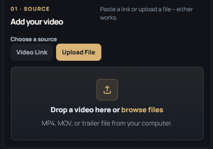 ReelSpark source step — paste a link or upload a video