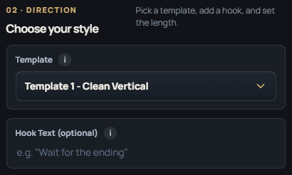 ReelSpark direction step — choose a template and hook text
