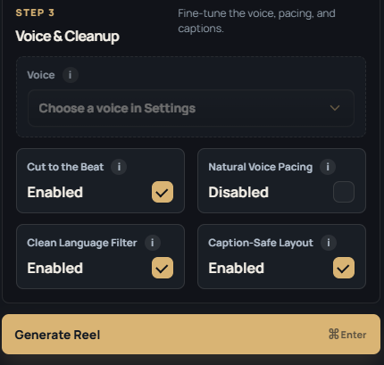 ReelSpark voice and cleanup settings with Generate Reel button