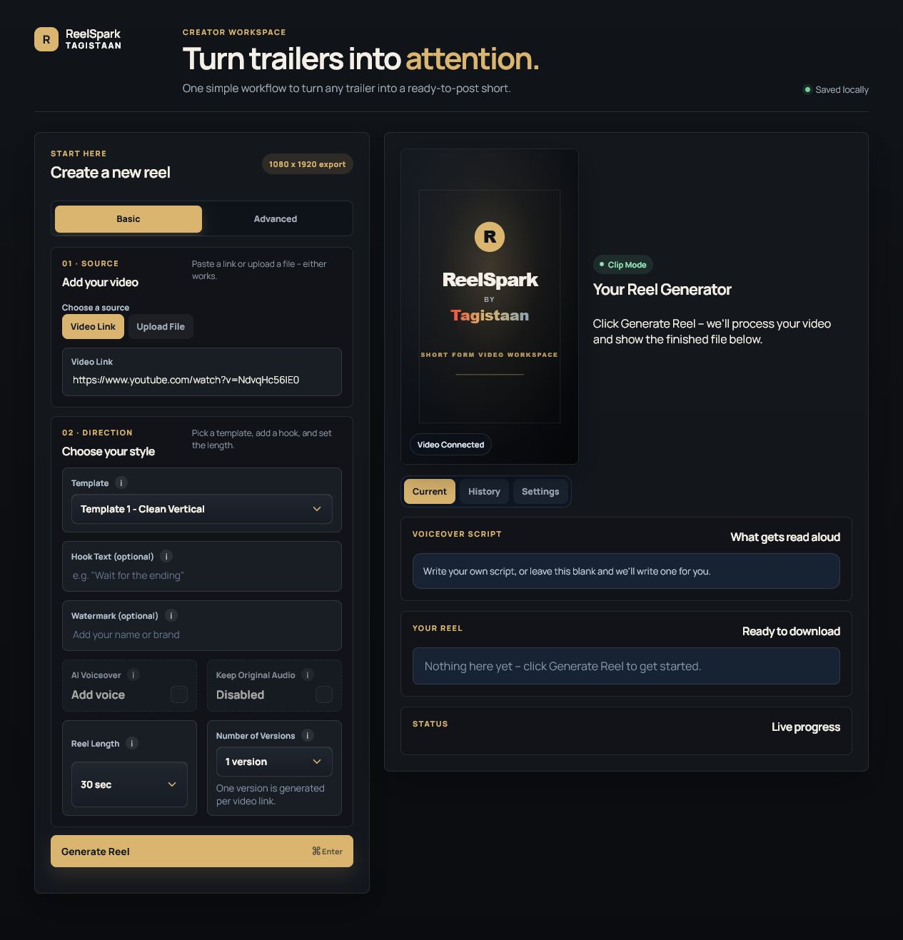 ReelSpark workspace showing reel creation and output details